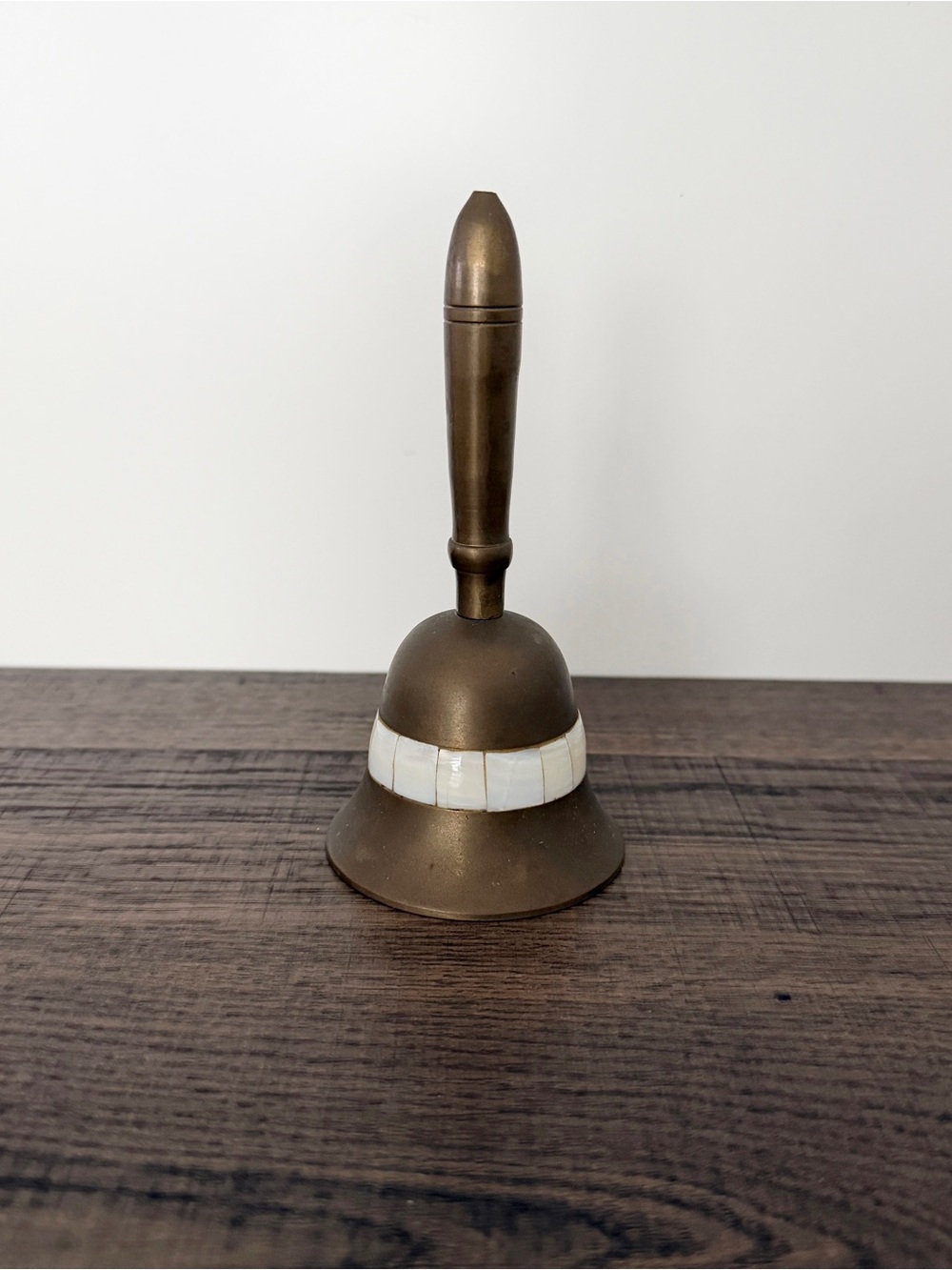 Vintage Brass Hand Bell Mother Of Pearl Inlay Hollywood Regency Coastal Nautical